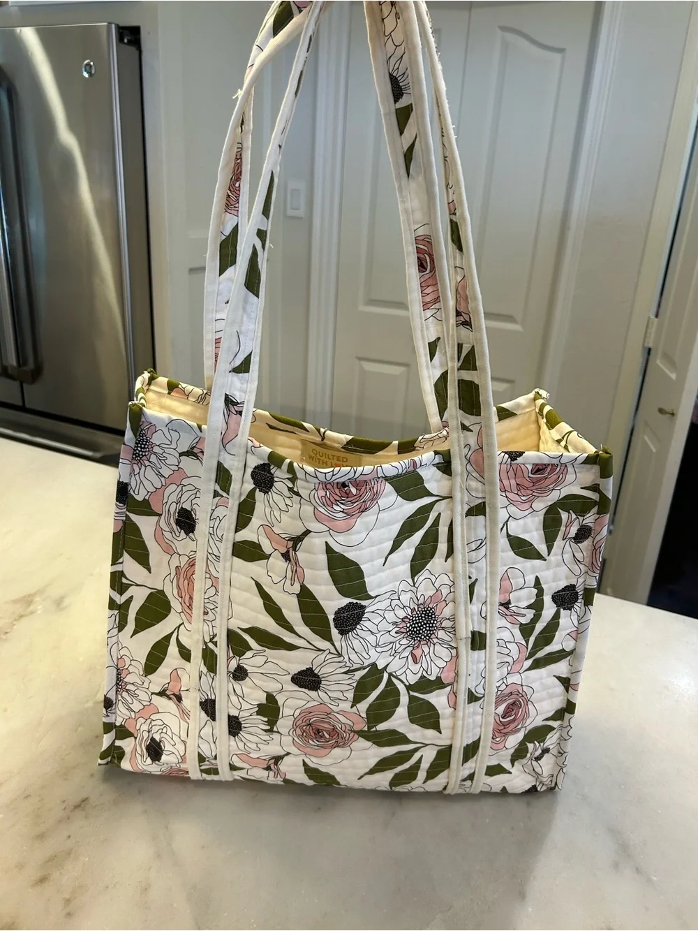 Quilted With Love Floral Quilted Tote Bag - Cream & Olive